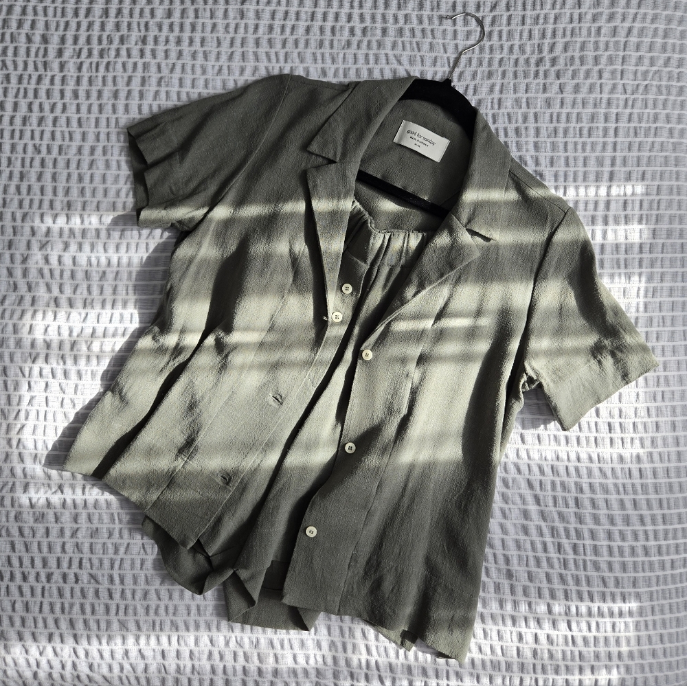 Good For Sunday Linen Viscose Set Shorts Button Notch Collar Shirt Green